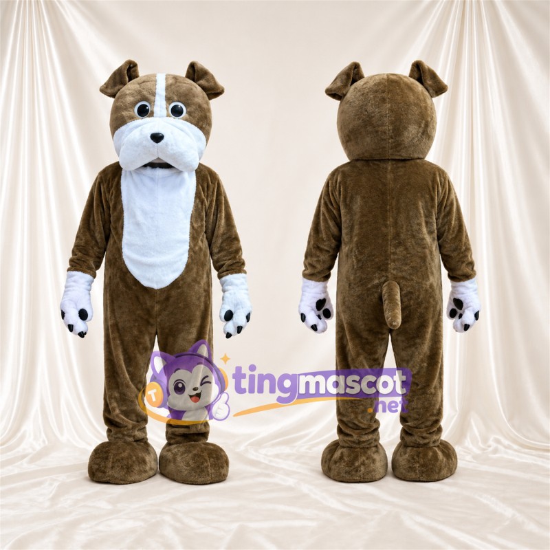 Costume de mascotte Bouledogue – marron / blanc – Coussinets (noir); Liste sur le visage (blanc)
