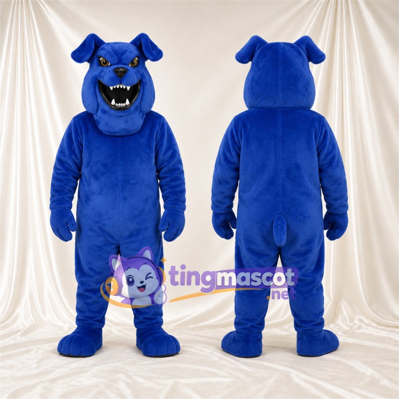 Blue Bulldog Mascot Costume - Angled Eyebrows and Pointed Fangs