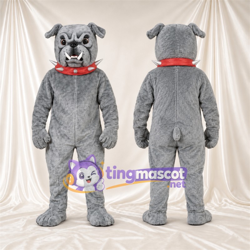 Costume de mascotte Bouledogue – gris – Collier à pointes (rouge)