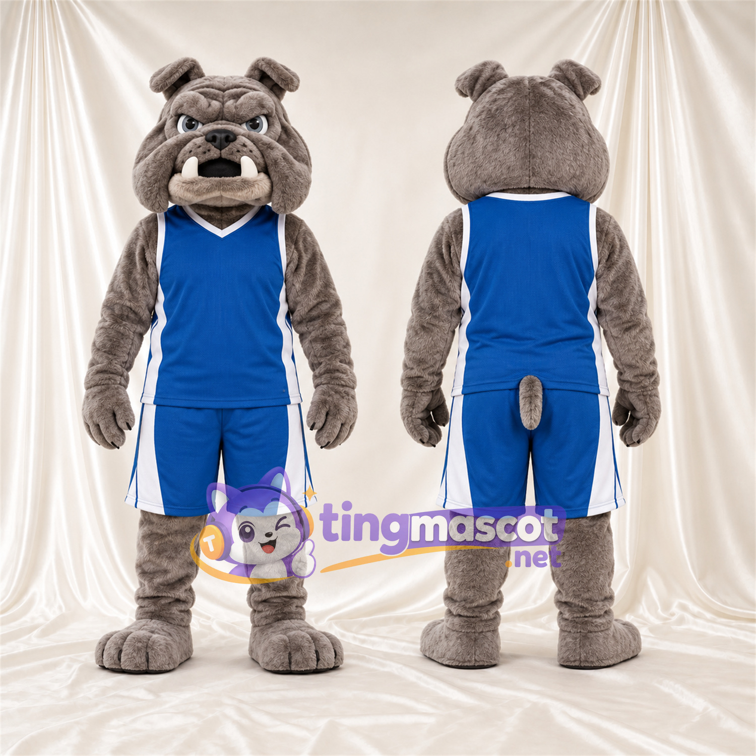 Maskottchenkostüm Bulldogge – grau – Basketballtrikot (blau) Maskottchenkostüm Bulldogge – grau – Basketballtrikot (blau)