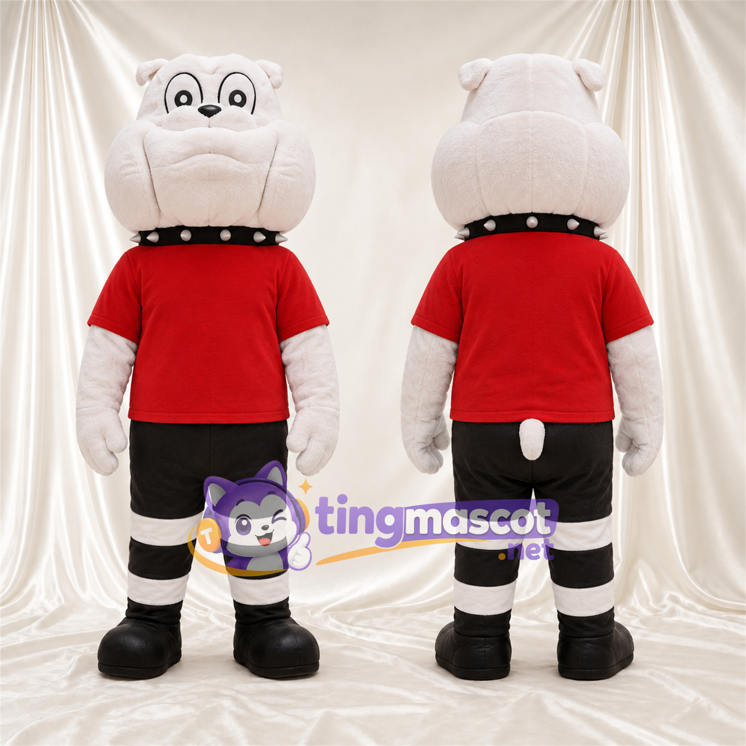 Costume de mascotte Bouledogue – blanc – Chemise (rouge); Short (noir) Costume de mascotte Bouledogue – blanc – Chemise (rouge); Short (noir)