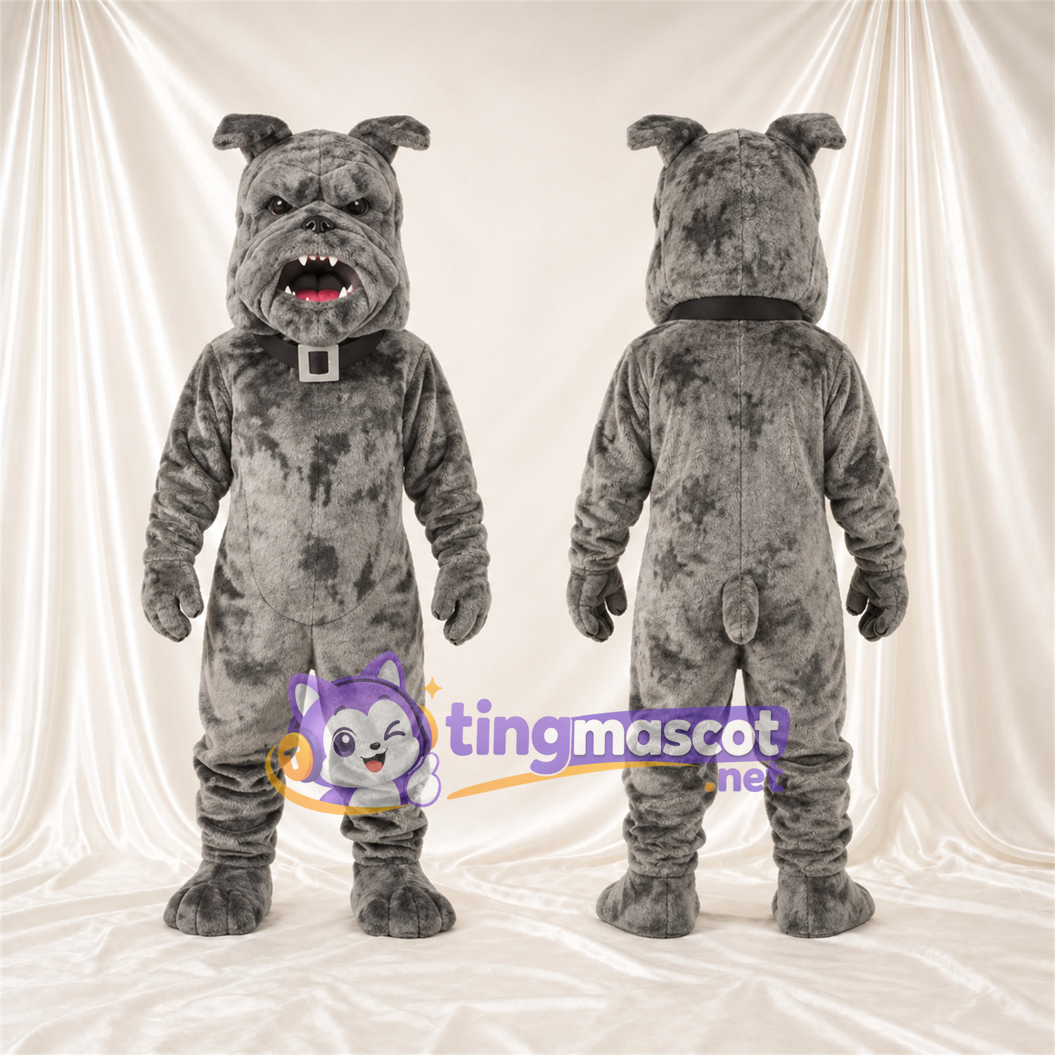 Gray Bulldog Mascot Costume - Pointed Fangs and Studded Collar Gray Bulldog Mascot Costume - Pointed Fangs and Studded Collar