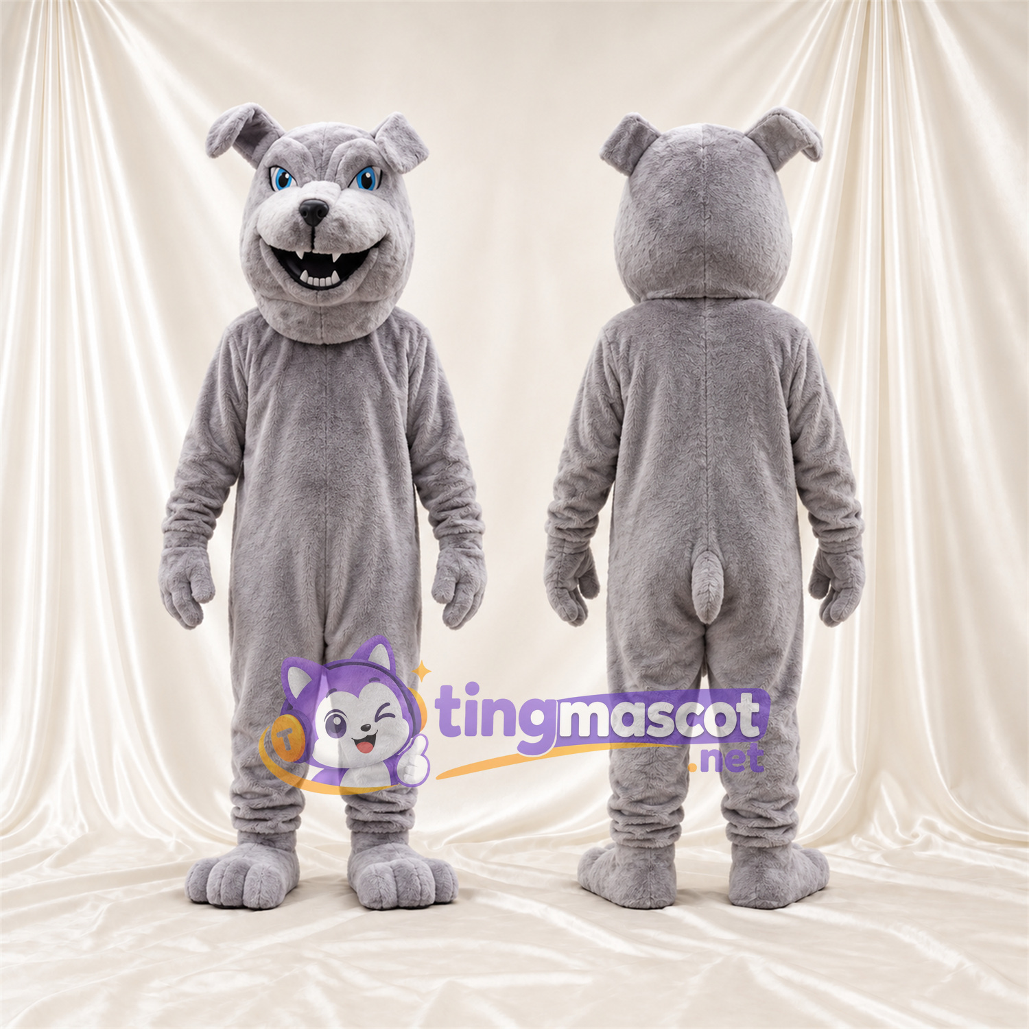 Costume de mascotte Bouledogue – gris – Museau (blanc); Yeux (bleu) Costume de mascotte Bouledogue – gris – Museau (blanc); Yeux (bleu)