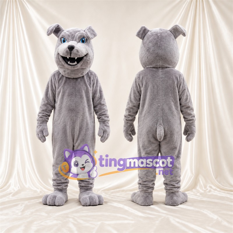 Costume de mascotte Bouledogue – gris – Museau (blanc); Yeux (bleu)