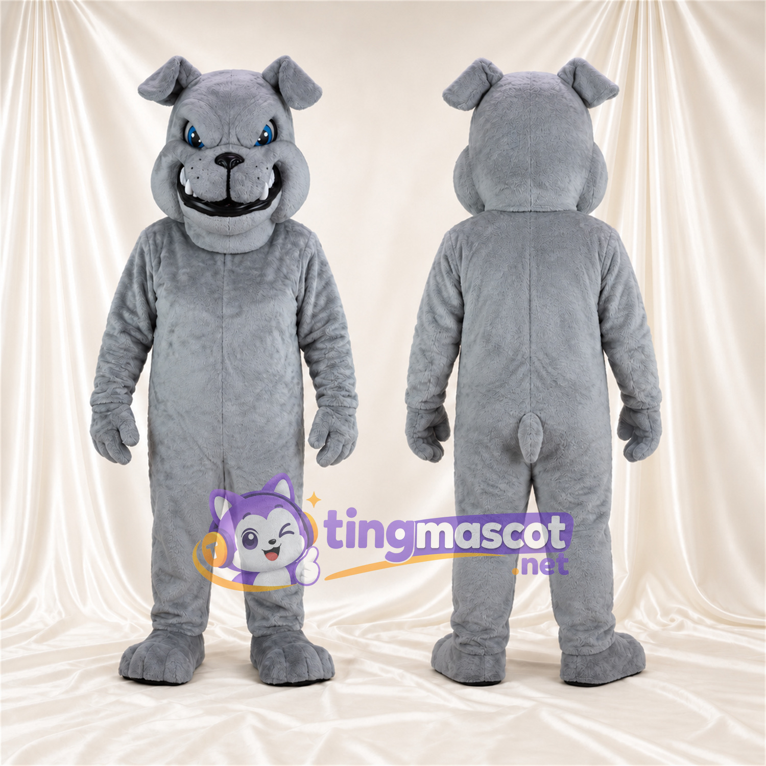 Costume de mascotte Bouledogue – gris – Yeux (bleu); Sourire avec dents Costume de mascotte Bouledogue – gris – Yeux (bleu); Sourire avec dents