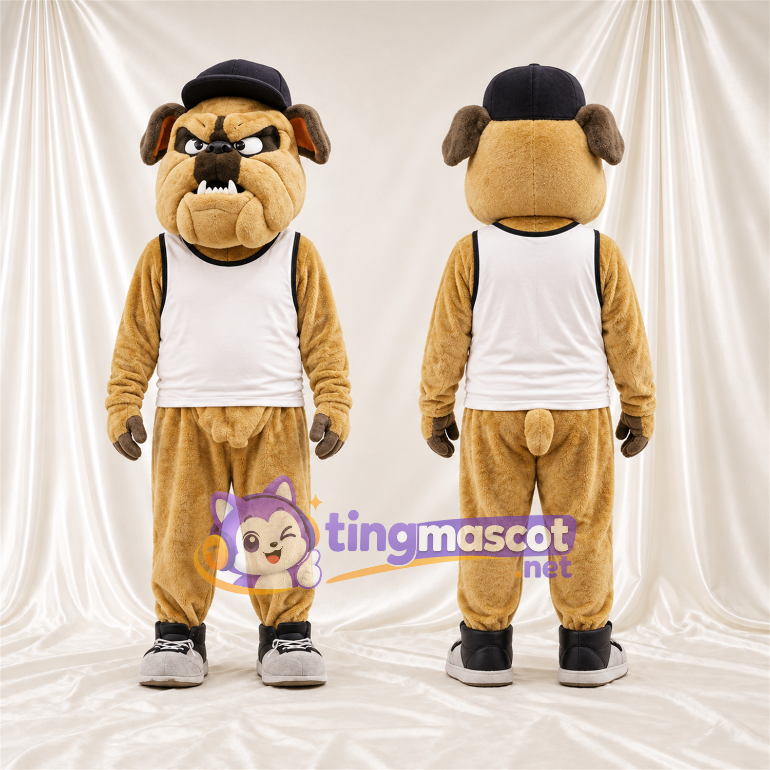 Maskottchenkostüm Bulldogge – hellbraun – Kappe (schwarz); Tanktop (weiß) Maskottchenkostüm Bulldogge – hellbraun – Kappe (schwarz); Tanktop (weiß)