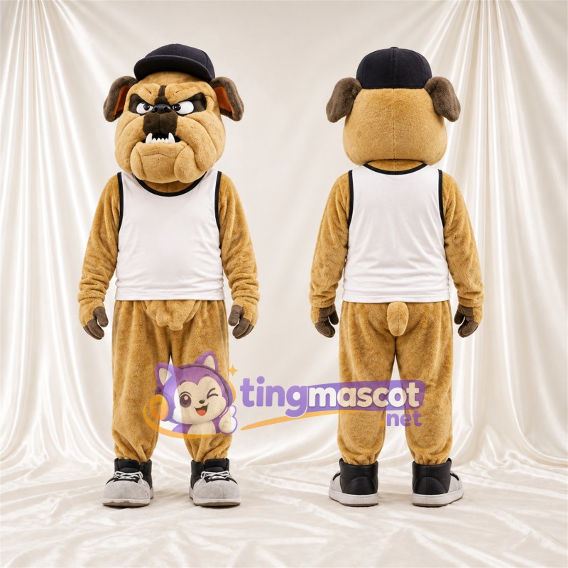 Maskottchenkostüm Bulldogge – hellbraun – Kappe (schwarz); Tanktop (weiß)