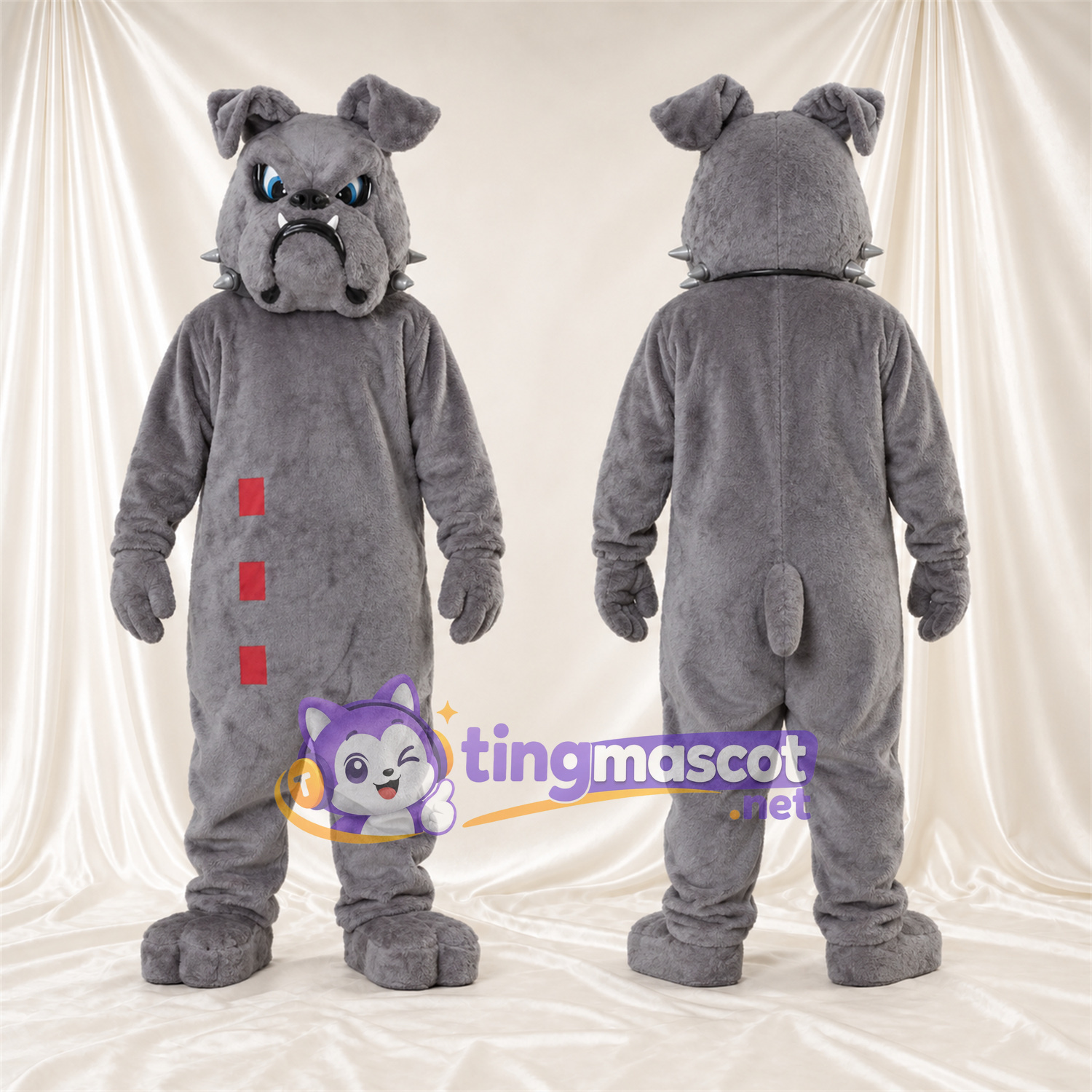 Costume de mascotte Bouledogue – gris – Yeux (bleu); Collier à pointes Costume de mascotte Bouledogue – gris – Yeux (bleu); Collier à pointes