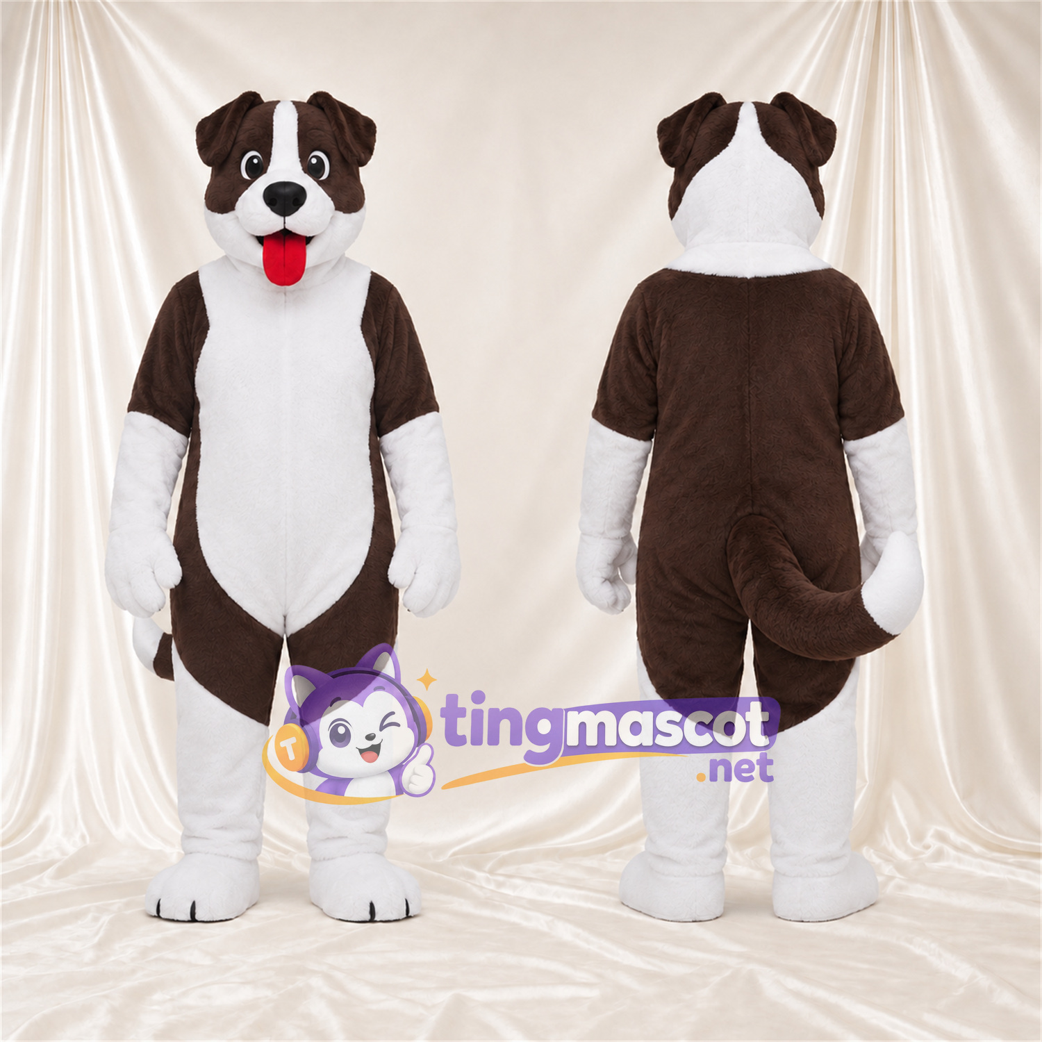 Costume de mascotte Chien – marron / blanc – Langue (rouge); Bas des jambes (blanc) Costume de mascotte Chien – marron / blanc – Langue (rouge); Bas des jambes (blanc)
