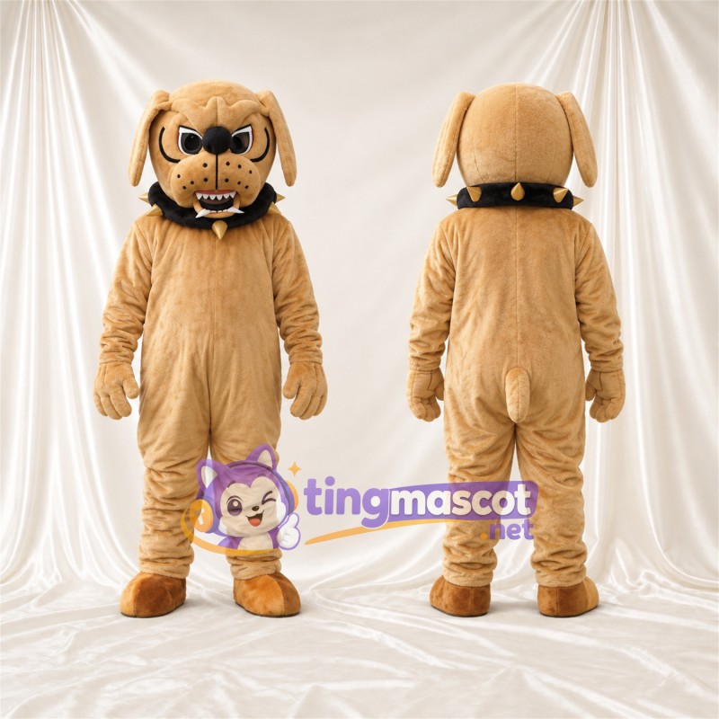 Costume de mascotte Bouledogue – brun clair – Crocs pointus; Collier à pointes