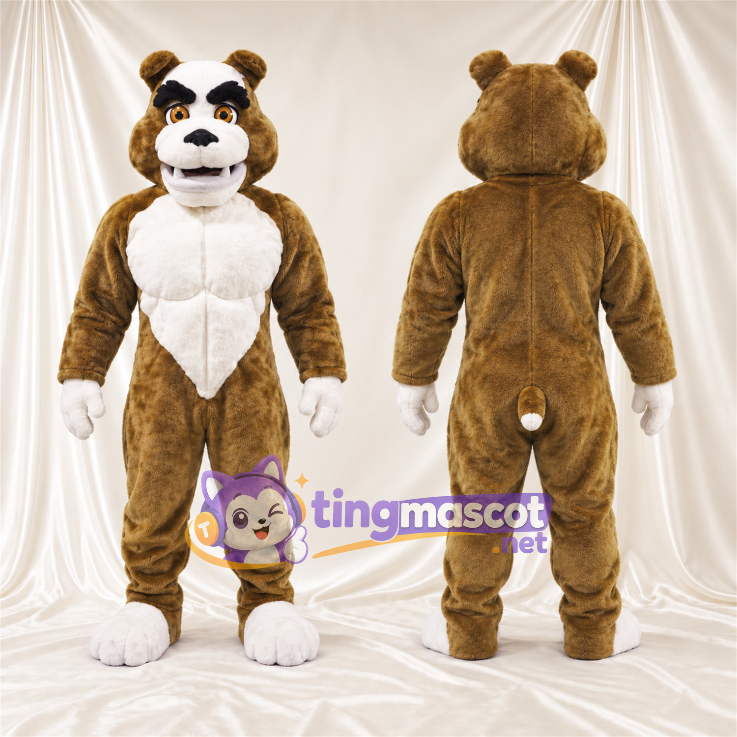 Costume de mascotte Chien – marron / blanc – Torse musclé (blanc); Pieds (blanc) Costume de mascotte Chien – marron / blanc – Torse musclé (blanc); Pieds (blanc)