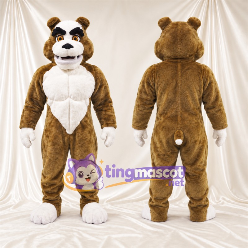 Costume de mascotte Chien – marron / blanc – Torse musclé (blanc); Pieds (blanc)