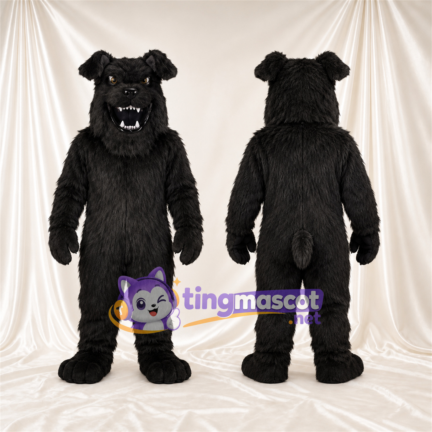 Black Bulldog Mascot Costume - Pointed Fangs and Shaggy Fur Black Bulldog Mascot Costume - Pointed Fangs and Shaggy Fur
