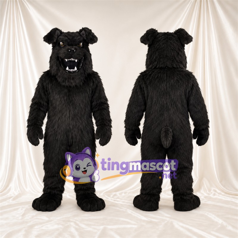 Black Bulldog Mascot Costume - Pointed Fangs and Shaggy Fur