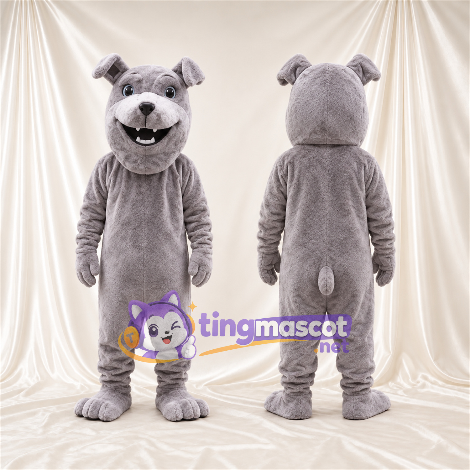 Costume de mascotte Bouledogue – gris – Museau (blanc); Sourire avec dents Costume de mascotte Bouledogue – gris – Museau (blanc); Sourire avec dents