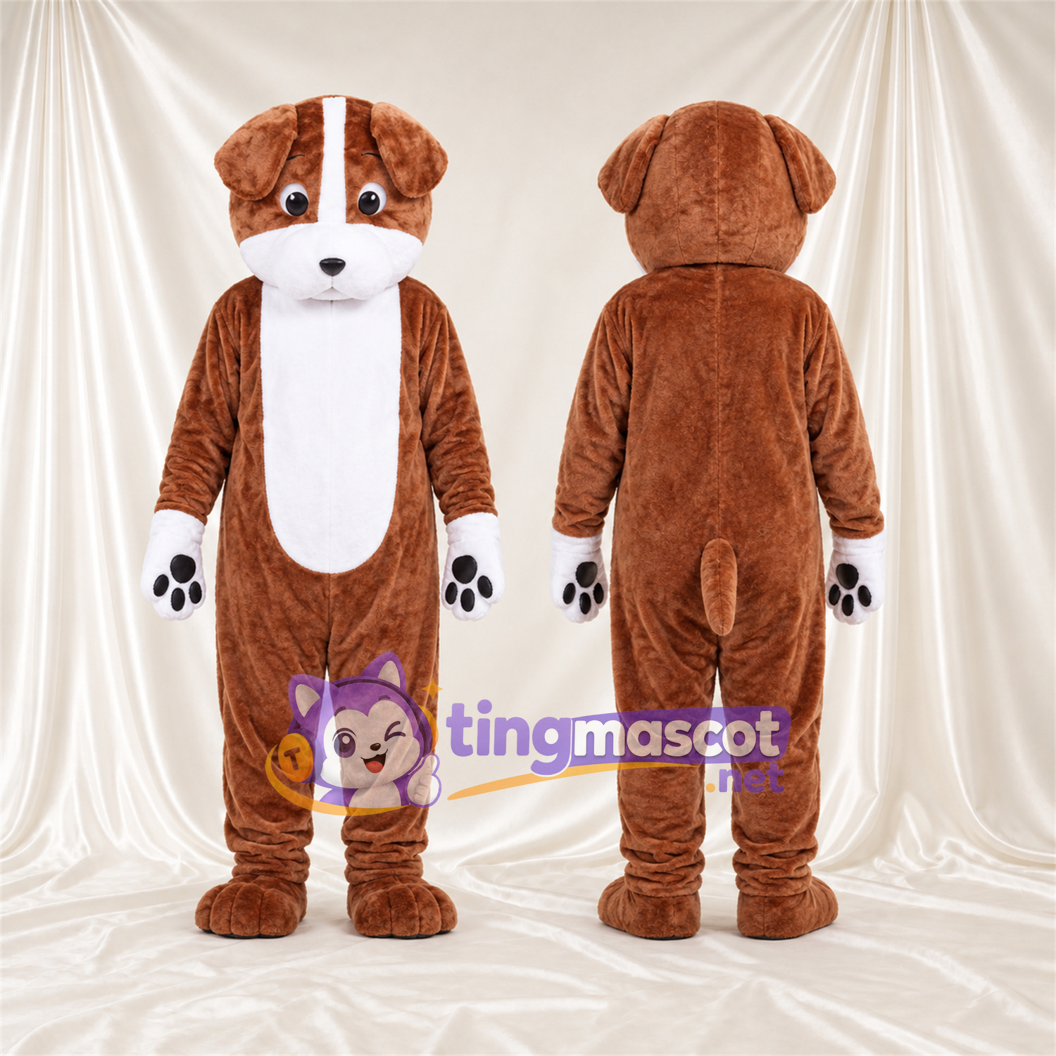 Maskottchenkostüm Hund – braun / weiß – Bauch (weiß); Pfotenballen (schwarz) Maskottchenkostüm Hund – braun / weiß – Bauch (weiß); Pfotenballen (schwarz)