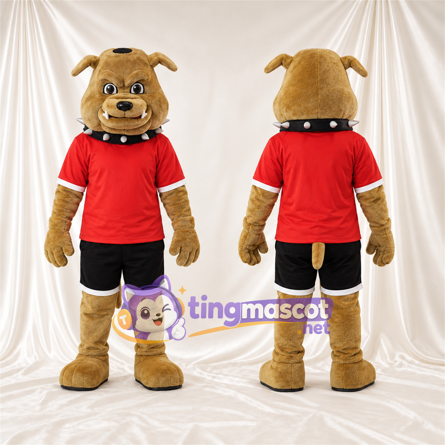 Costume de mascotte Bouledogue – brun clair – Chemise (rouge); Short (noir) Costume de mascotte Bouledogue – brun clair – Chemise (rouge); Short (noir)
