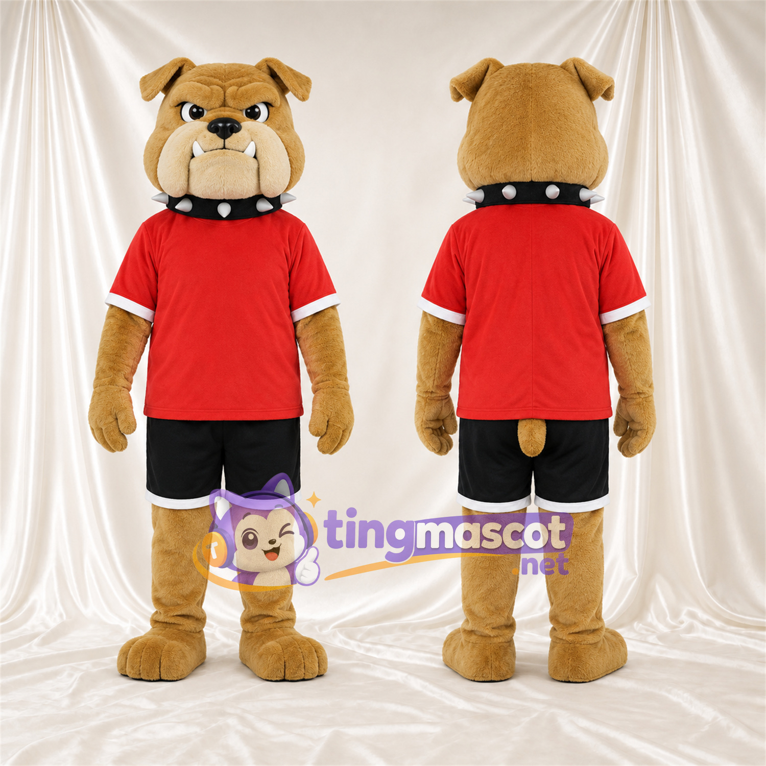 Costume de mascotte Bouledogue – brun clair – Chemise (rouge); Short (noir) Costume de mascotte Bouledogue – brun clair – Chemise (rouge); Short (noir)