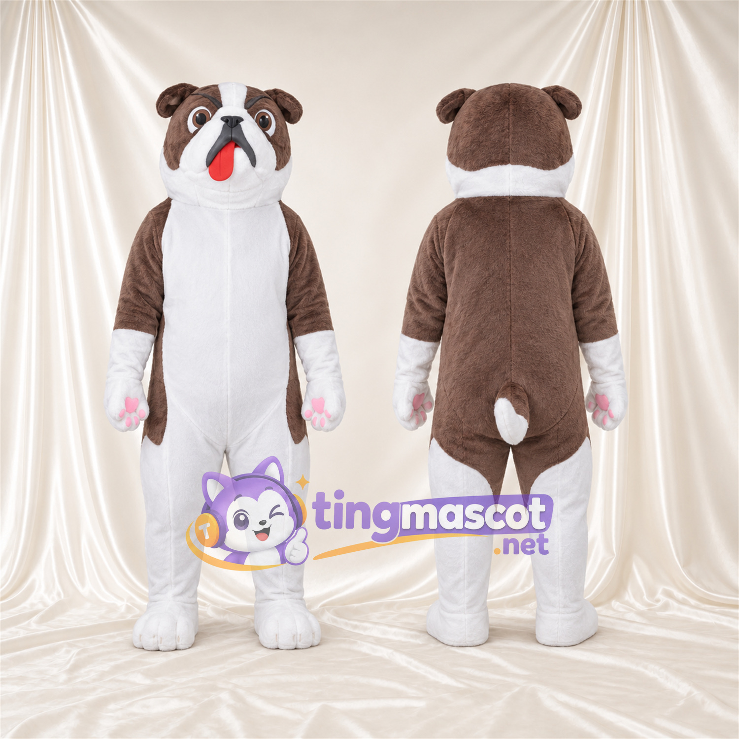 Costume de mascotte Bouledogue – marron / blanc – Coussinets (rose); Langue (rouge) Costume de mascotte Bouledogue – marron / blanc – Coussinets (rose); Langue (rouge)