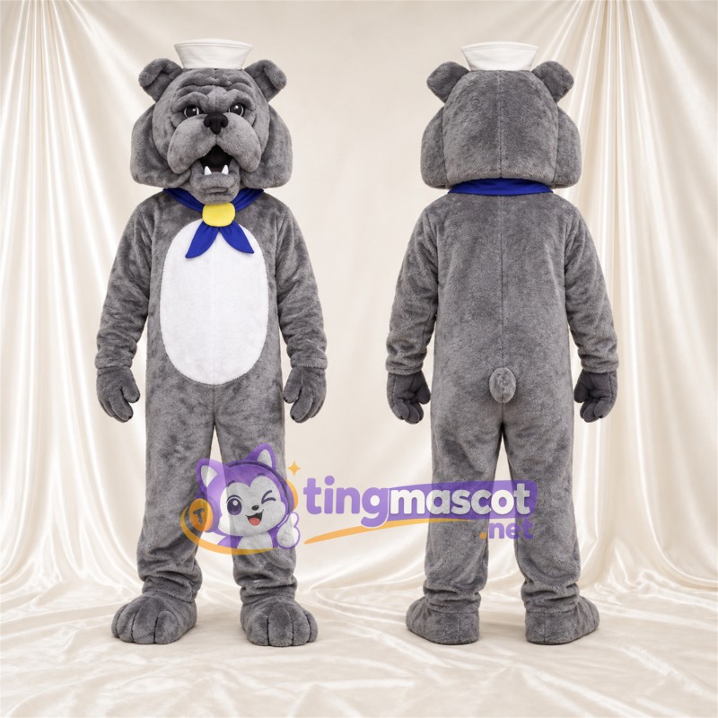 Costume de mascotte Bouledogue – gris – Chapeau de marin; Écharpe