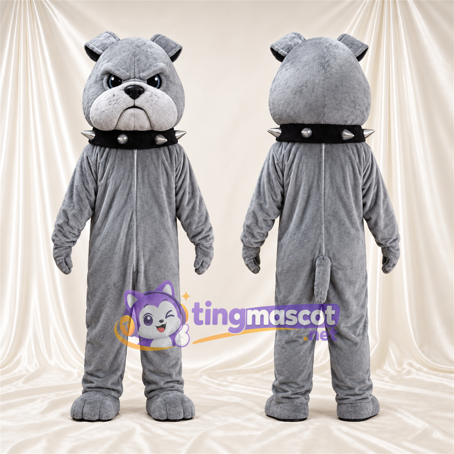 Costume de mascotte Bouledogue – gris – Museau (blanc); Collier à pointes Costume de mascotte Bouledogue – gris – Museau (blanc); Collier à pointes