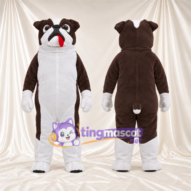 Costume de mascotte Bouledogue – marron / blanc – Langue (rouge); Bas des jambes (blanc)