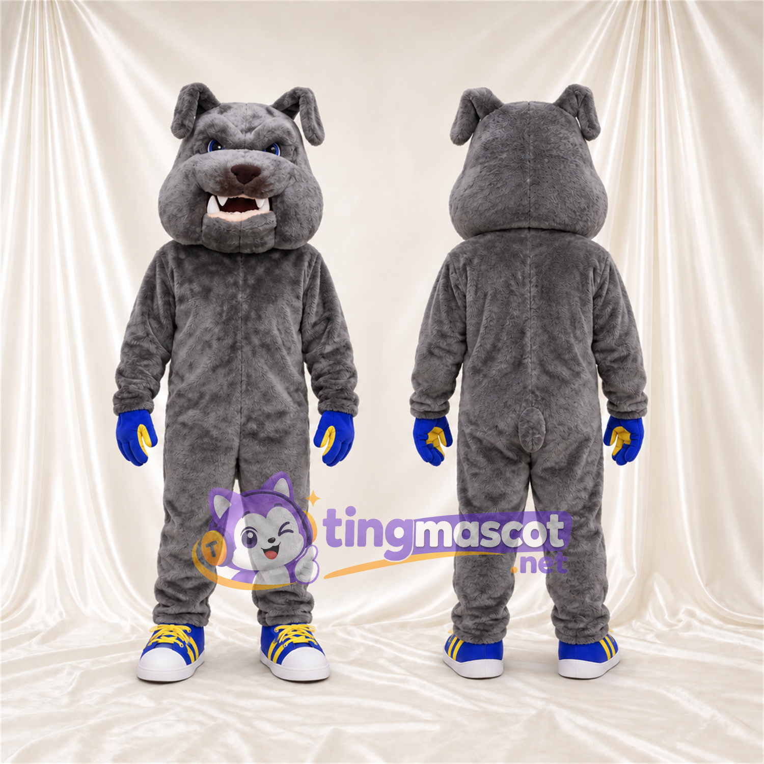 Costume de mascotte Bouledogue – gris – Gants (bleu / jaune); Baskets Costume de mascotte Bouledogue – gris – Gants (bleu / jaune); Baskets