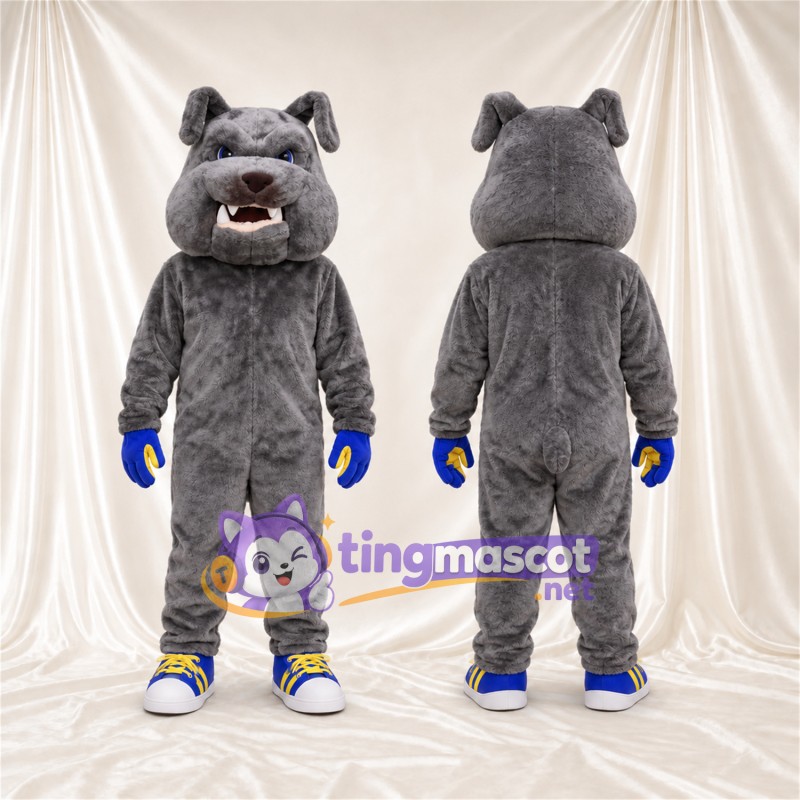 Costume de mascotte Bouledogue – gris – Gants (bleu / jaune); Baskets