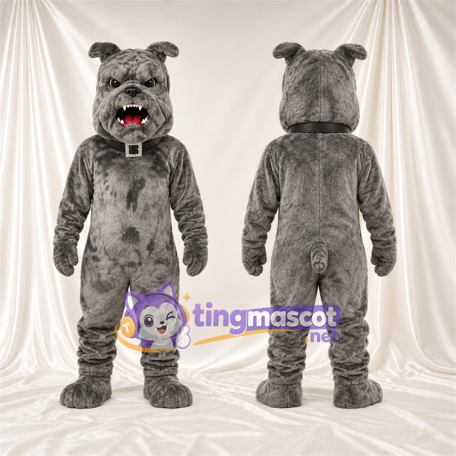 Costume de mascotte Bouledogue – gris – Crocs pointus; Col Costume de mascotte Bouledogue – gris – Crocs pointus; Col