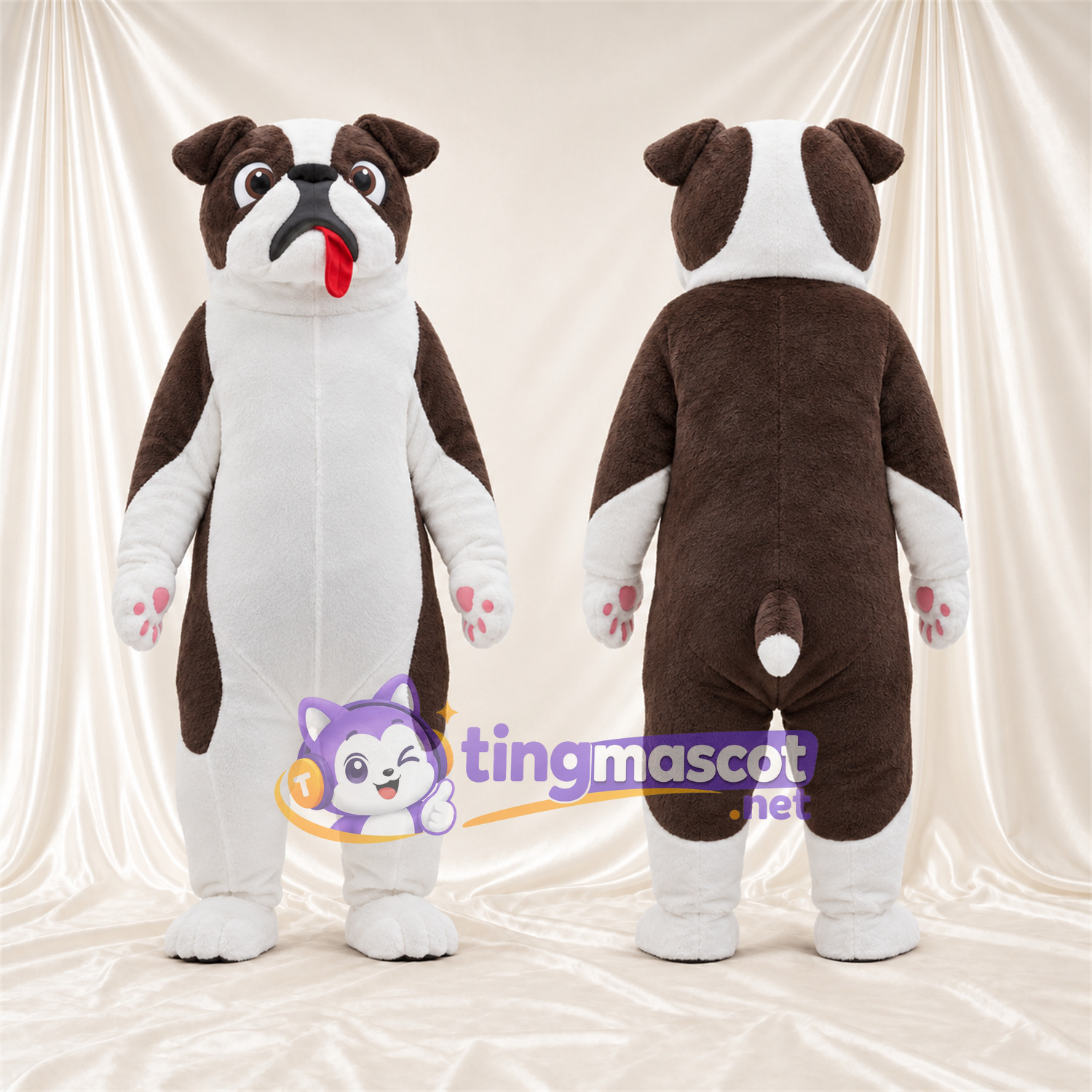 Costume de mascotte Bouledogue – marron / blanc – Coussinets (rose); Bas des jambes (blanc) Costume de mascotte Bouledogue – marron / blanc – Coussinets (rose); Bas des jambes (blanc)
