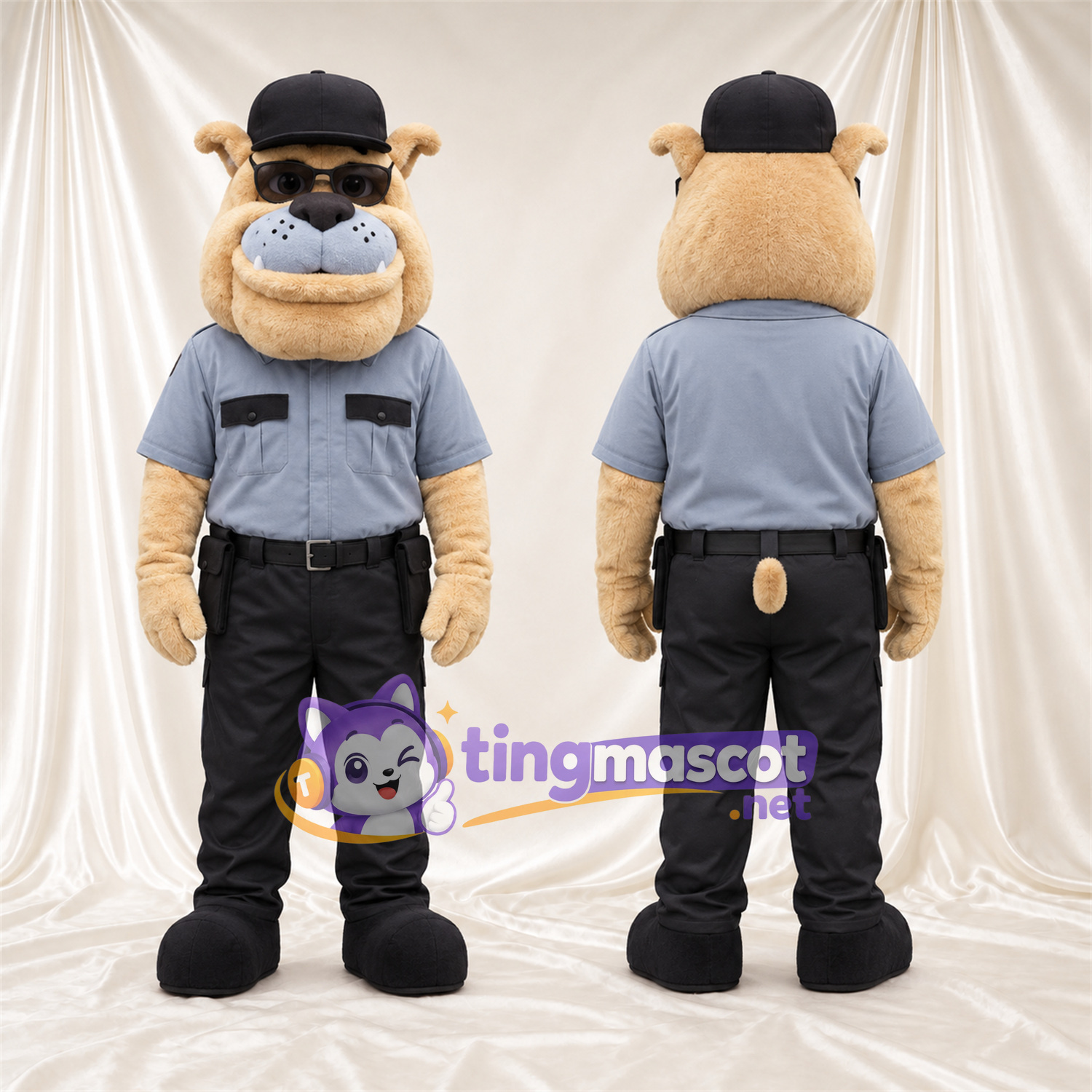 Costume de mascotte Bouledogue – brun clair – Chemise (gris); Pantalon (noir) Costume de mascotte Bouledogue – brun clair – Chemise (gris); Pantalon (noir)