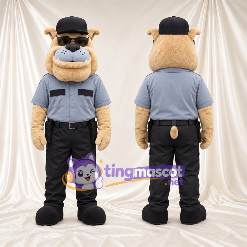Costume de mascotte Bouledogue – brun clair – Chemise (gris); Pantalon (noir)