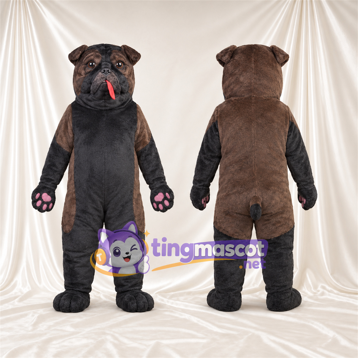 Black Bulldog Mascot Costume - Pink Paw Pads and Red Tongue Black Bulldog Mascot Costume - Pink Paw Pads and Red Tongue