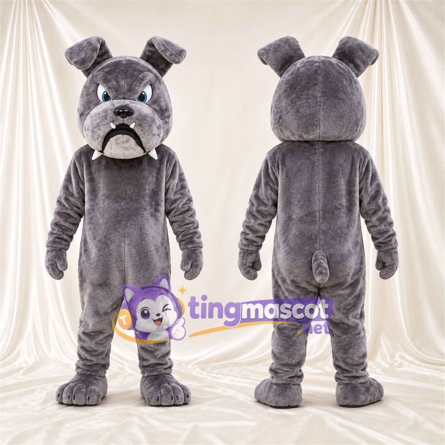 Costume de mascotte Bouledogue – gris – Museau (blanc); Visage Costume de mascotte Bouledogue – gris – Museau (blanc); Visage