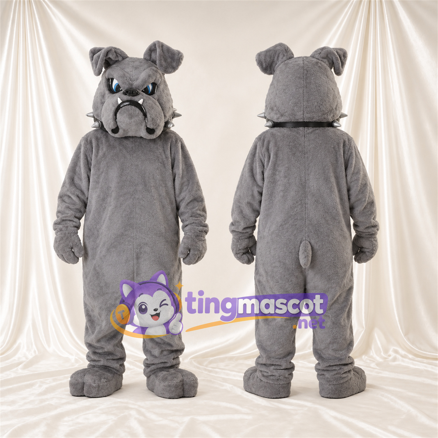 Costume de mascotte Bouledogue – gris – Yeux (bleu); Collier à pointes Costume de mascotte Bouledogue – gris – Yeux (bleu); Collier à pointes