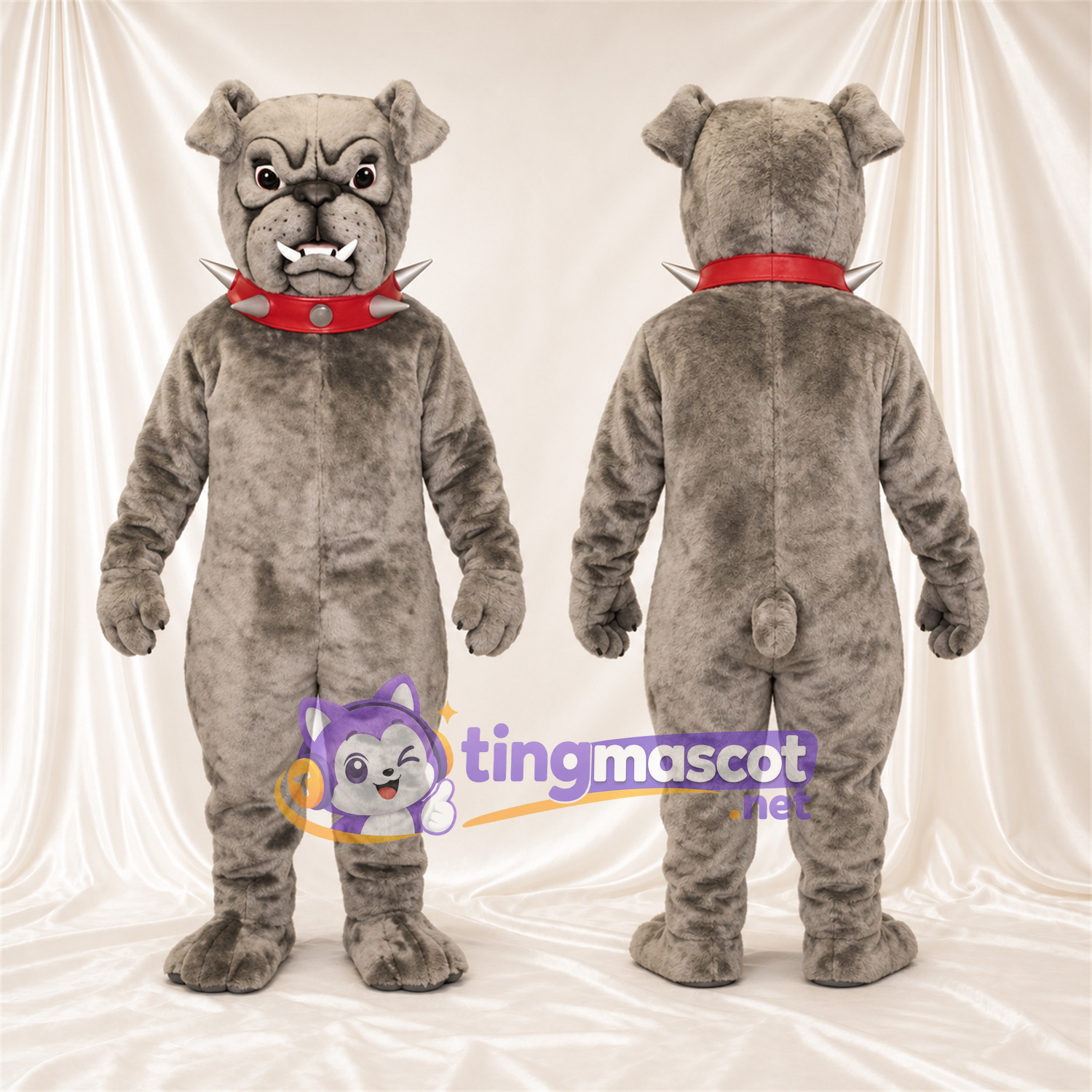 Gray Bulldog Mascot Costume - Pointed Fangs and Red Collar Gray Bulldog Mascot Costume - Pointed Fangs and Red Collar