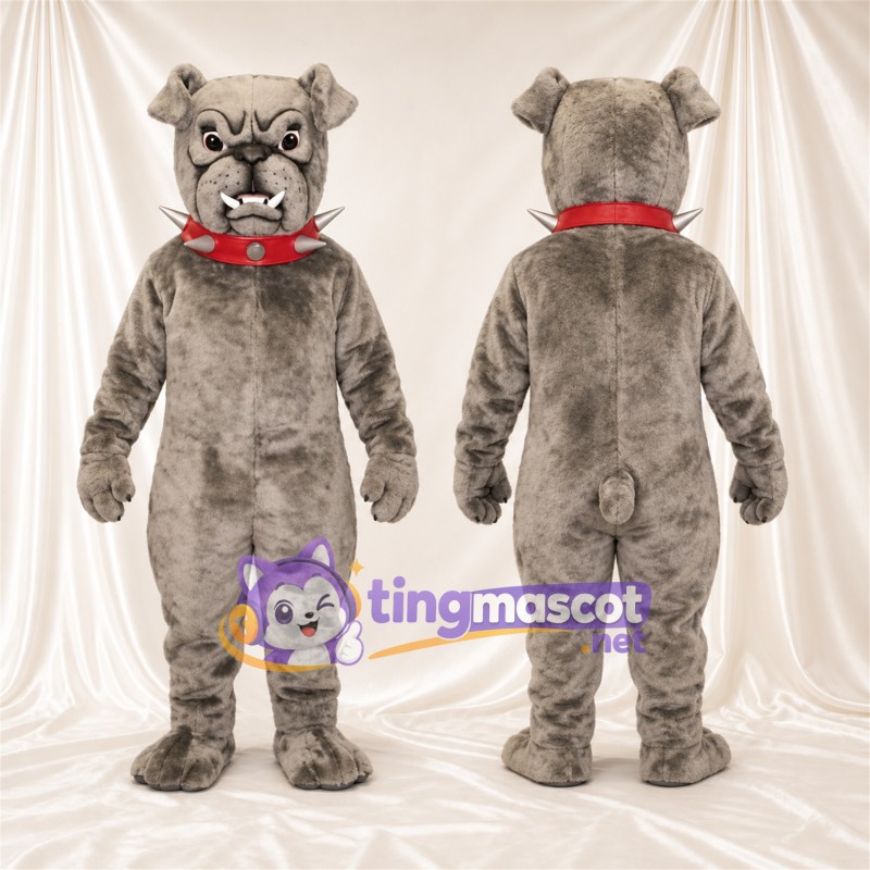 Gray Bulldog Mascot Costume - Pointed Fangs and Red Collar