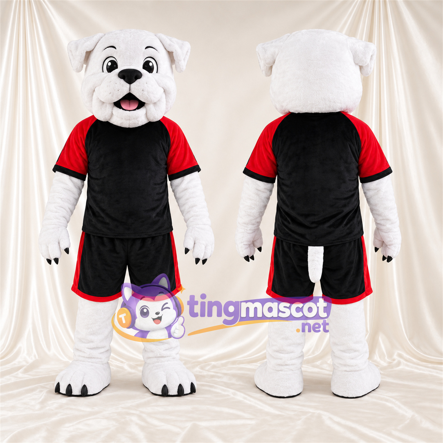 Costume de mascotte Bouledogue – blanc – Tenue de sport (noir / rouge) Costume de mascotte Bouledogue – blanc – Tenue de sport (noir / rouge)