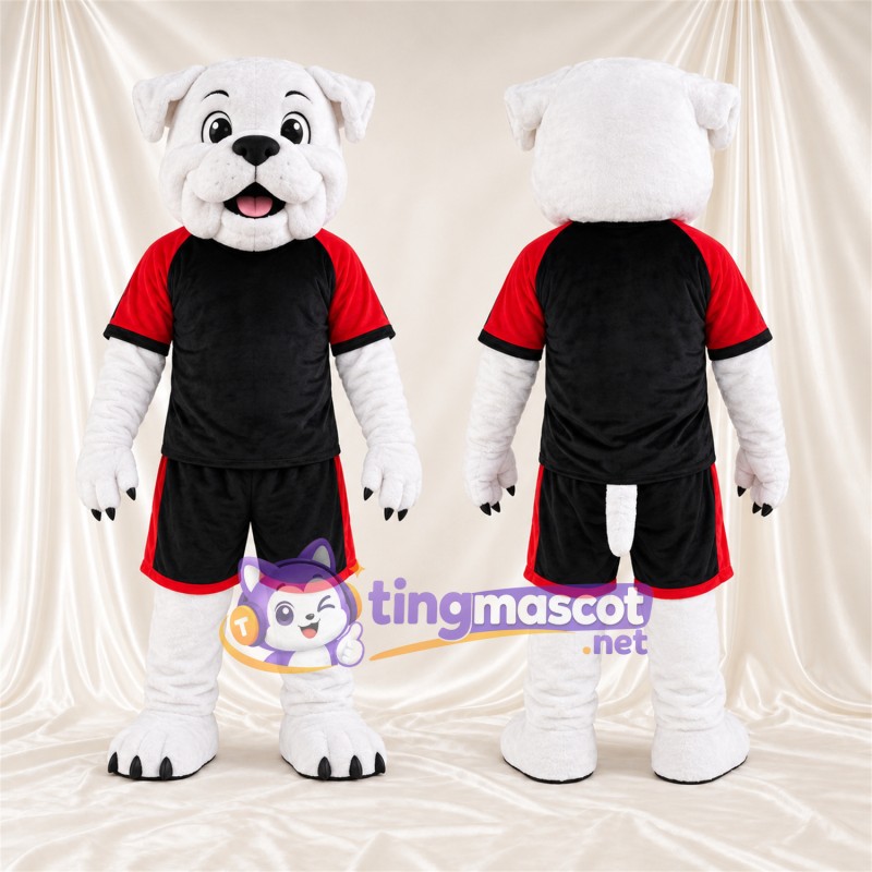 Costume de mascotte Bouledogue – blanc – Tenue de sport (noir / rouge)