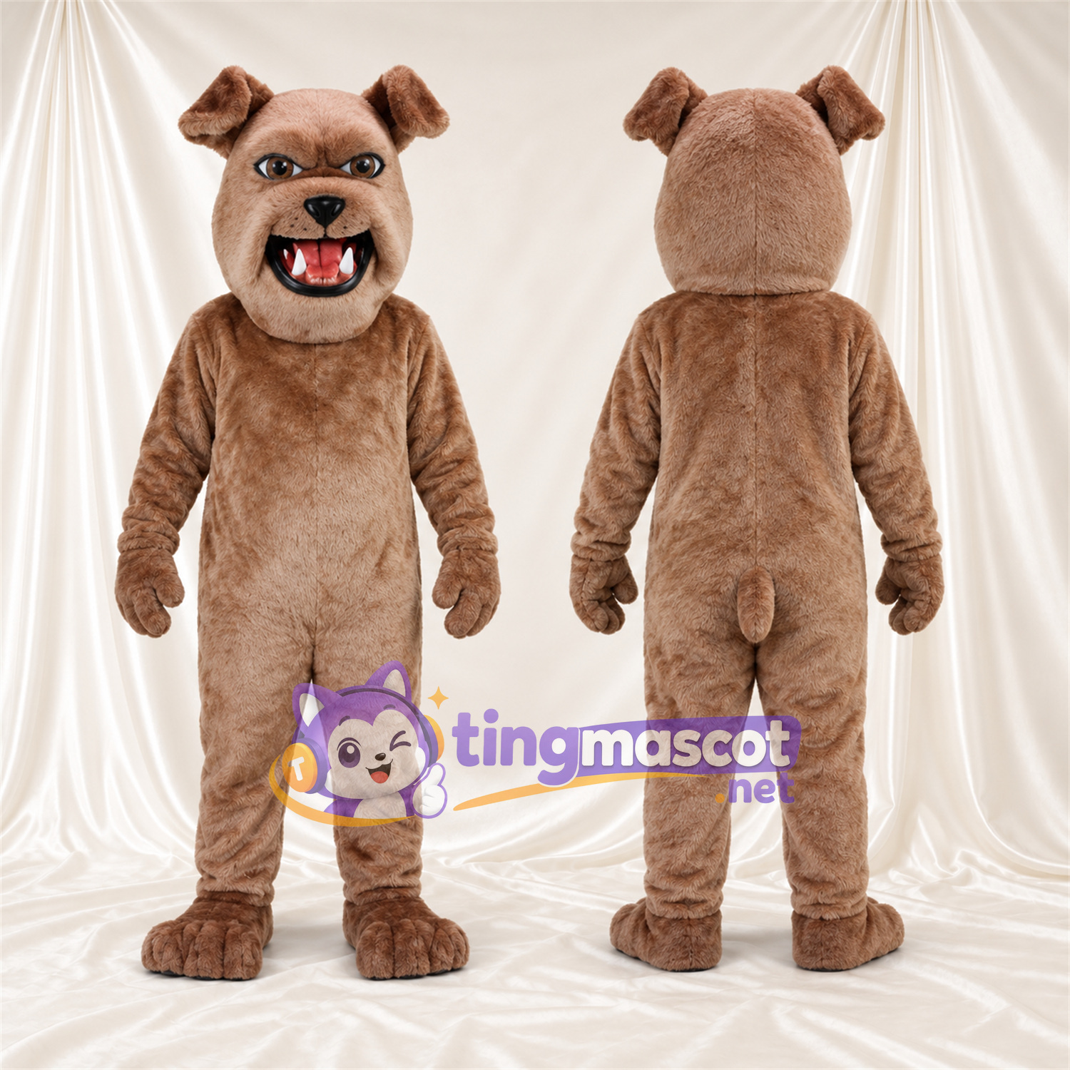 Costume de mascotte Bouledogue – marron – Bouche ouverte; Crocs pointus Costume de mascotte Bouledogue – marron – Bouche ouverte; Crocs pointus