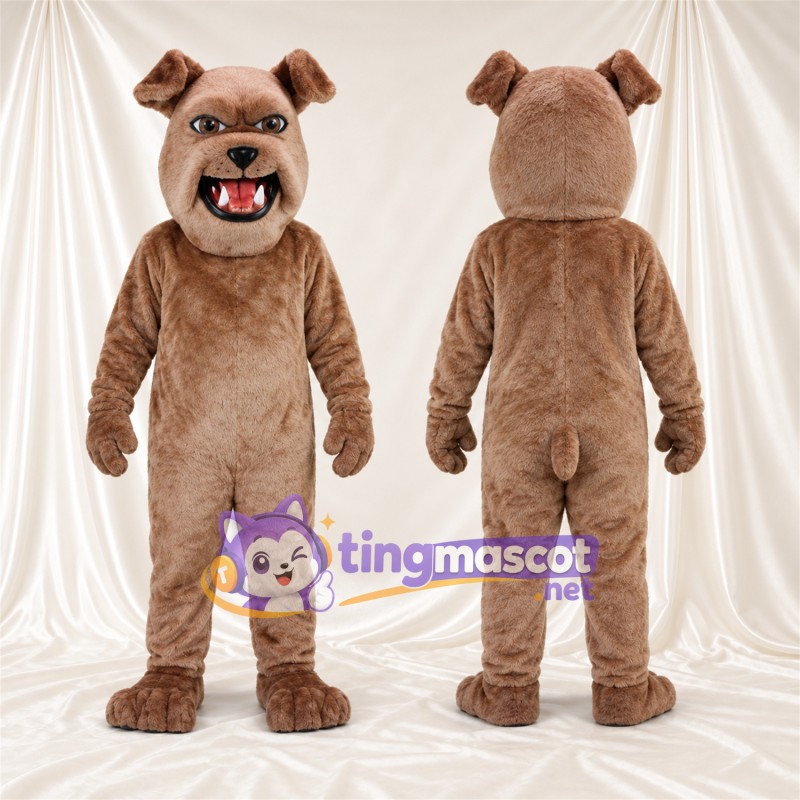 Costume de mascotte Bouledogue – marron – Bouche ouverte; Crocs pointus