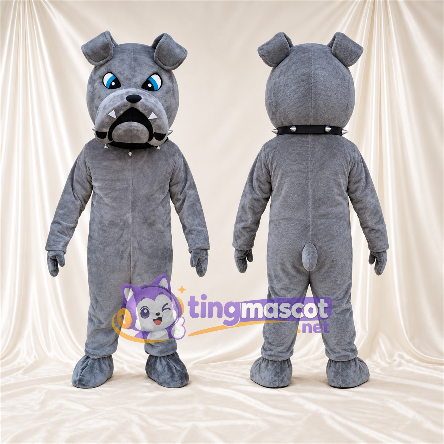 Costume de mascotte Bouledogue – gris – Yeux (bleu); Col Costume de mascotte Bouledogue – gris – Yeux (bleu); Col