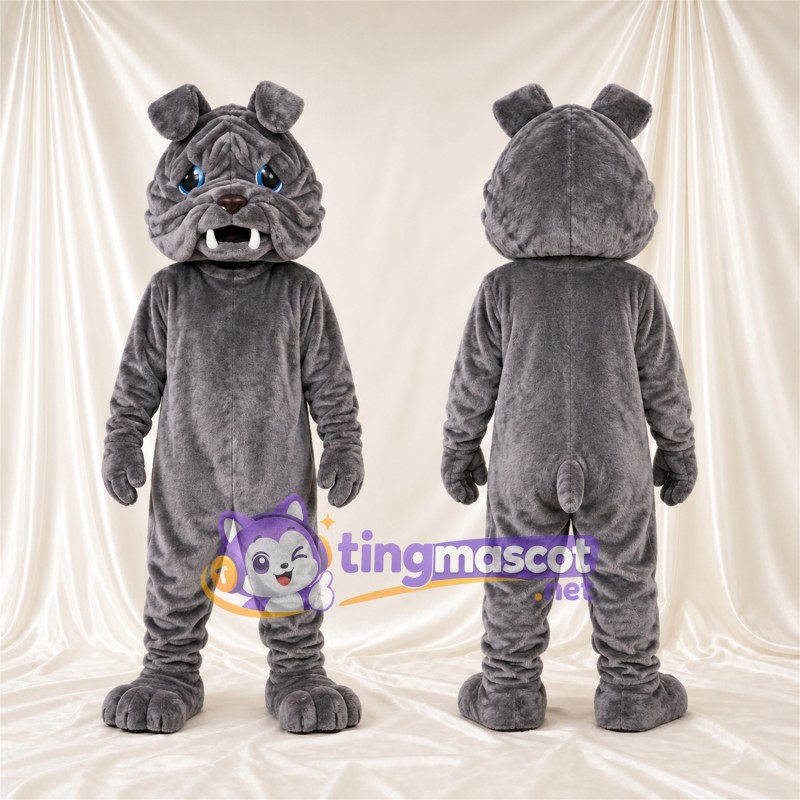 Costume de mascotte Bouledogue – gris – Grandes incisives; Col