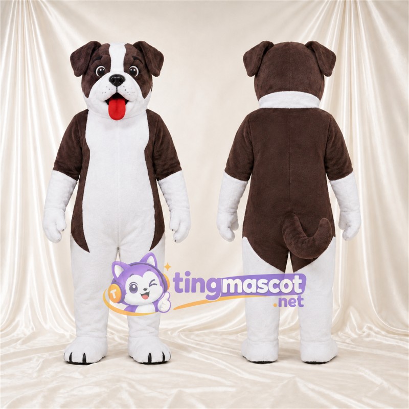 Costume de mascotte Bouledogue – marron / blanc – Gants (blanc); Langue (rouge)