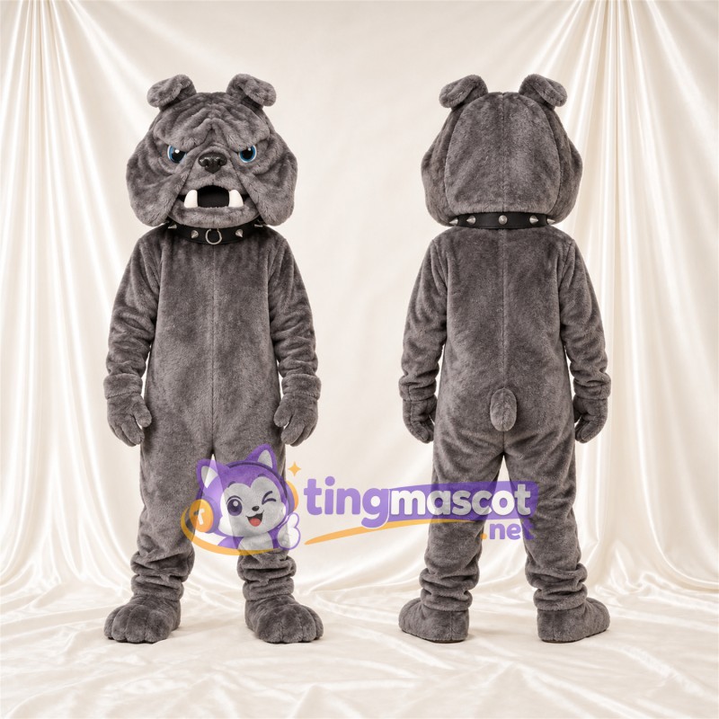 Costume de mascotte Bouledogue – gris – Grandes incisives; Col