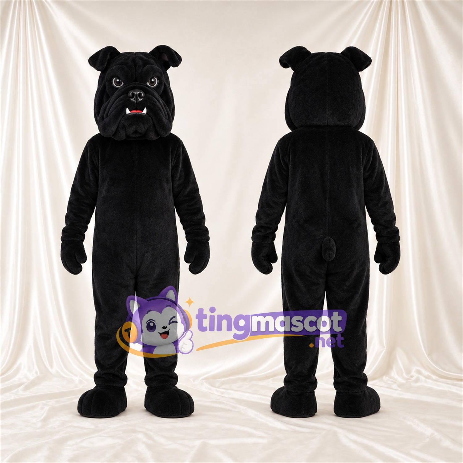 Black Bulldog Mascot Costume - Wrinkled Face and Pointed Fangs Black Bulldog Mascot Costume - Wrinkled Face and Pointed Fangs