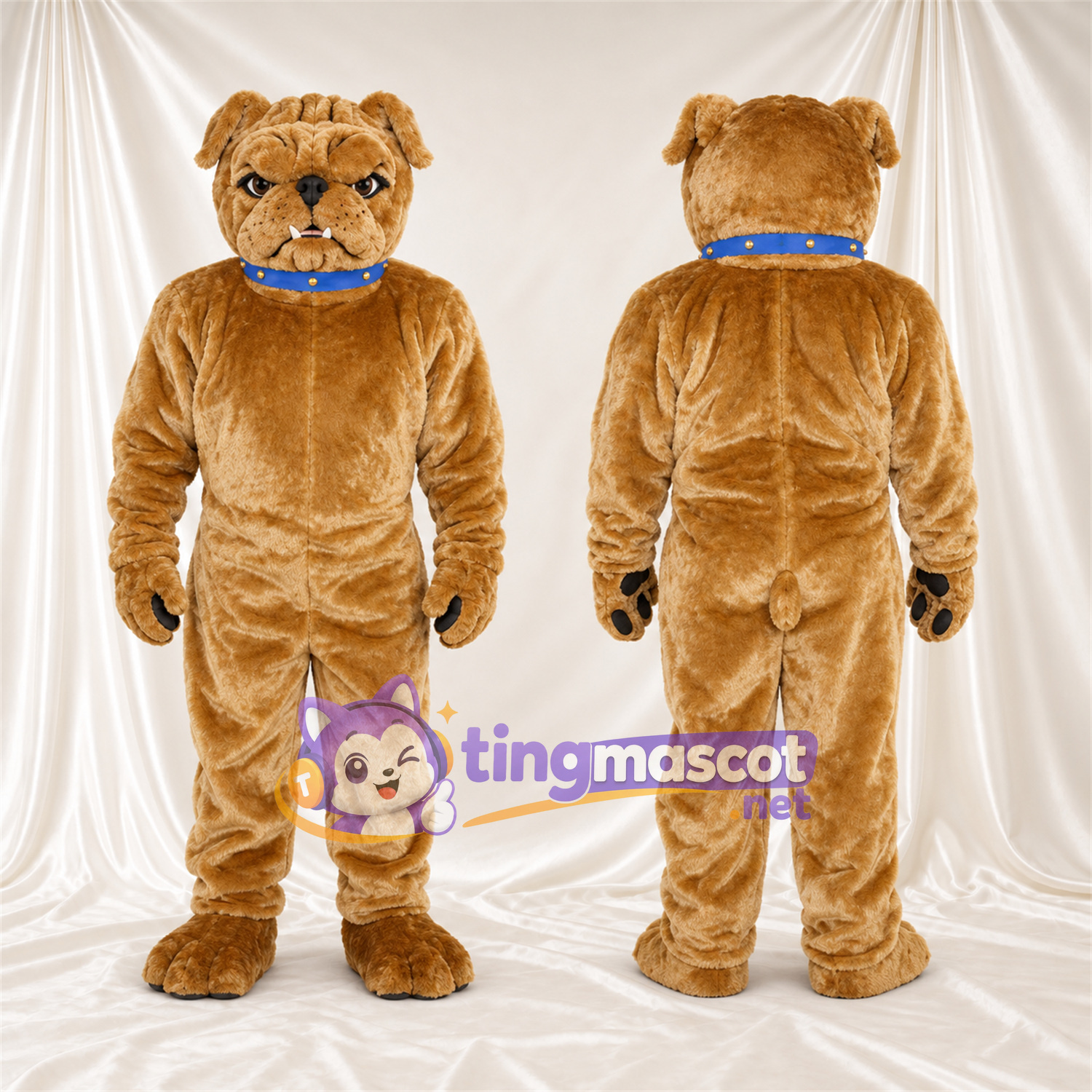 Costume de mascotte Bouledogue – brun clair – Col (bleu); Coussinets (noir) Costume de mascotte Bouledogue – brun clair – Col (bleu); Coussinets (noir)