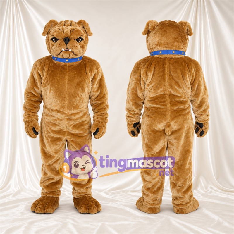 Costume de mascotte Bouledogue – brun clair – Col (bleu); Coussinets (noir)