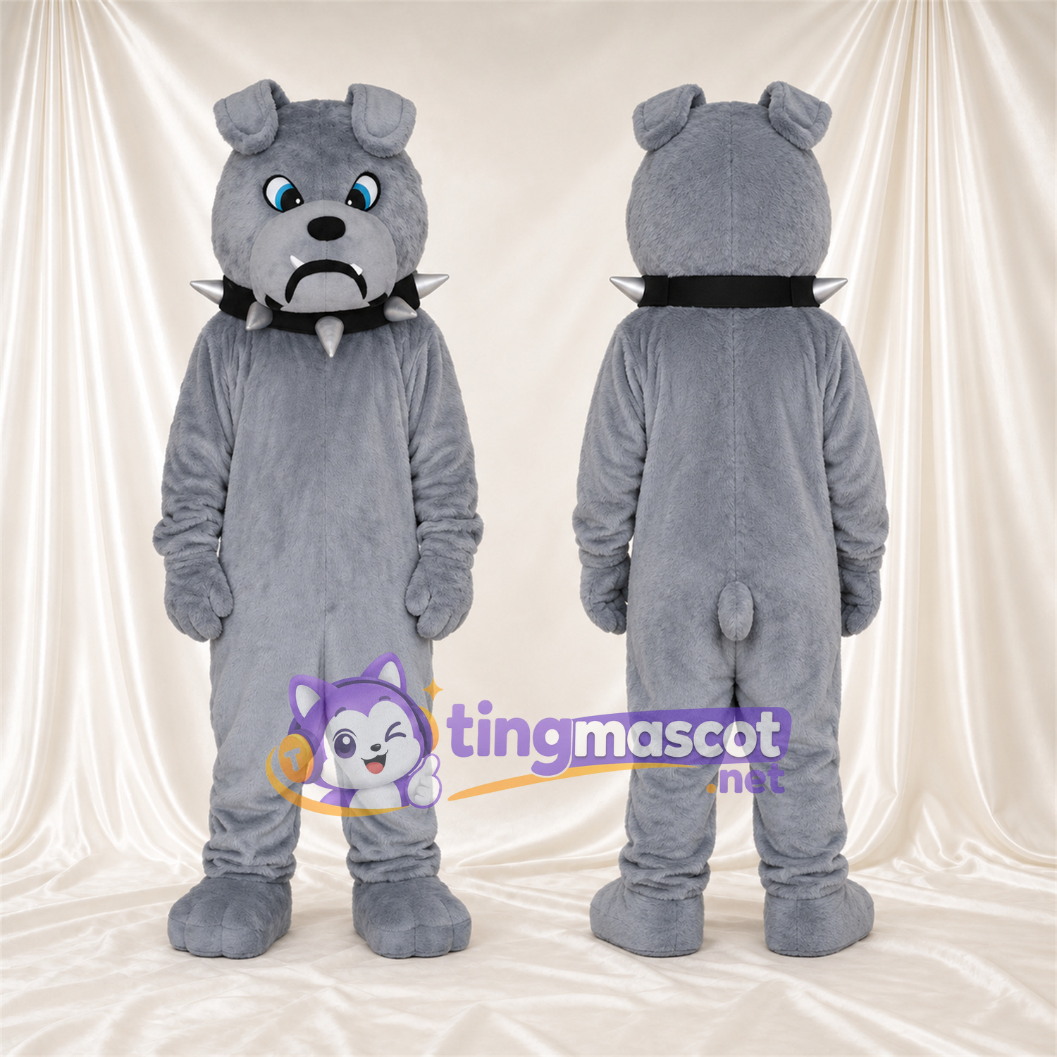Costume de mascotte Bouledogue – gris – Yeux (bleu); Collier à pointes Costume de mascotte Bouledogue – gris – Yeux (bleu); Collier à pointes