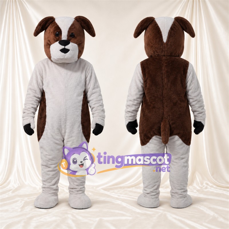 Costume de mascotte Chien – marron / blanc – Mains (noir); Bas des jambes (blanc)